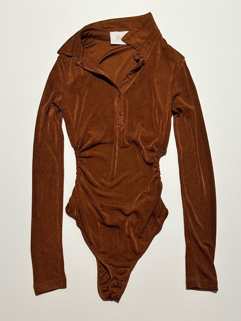 Long Sleeve Brown Bodysuit with Polo Collar